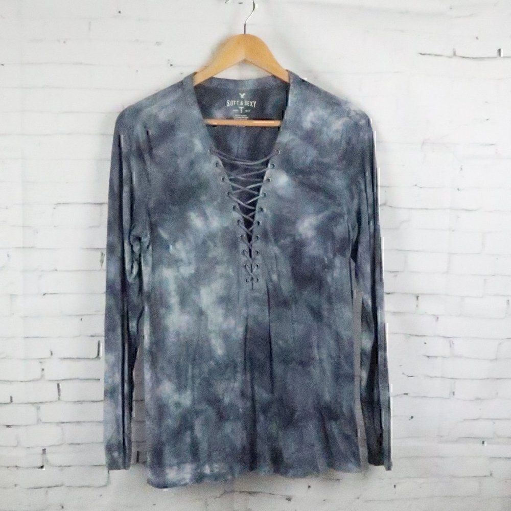 AMERICAN EAGLE OUTFITTERS BLUE GREY SOFT & SEXY LONG SLEEVE V NECK T SHIRT